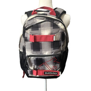 Burton‎ Backpack Black White Gray Plaid Red Interior Padded Back Inside Pockets